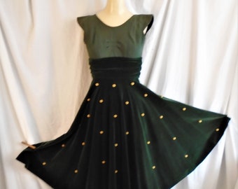 Vintage 1950s Velvet Dress and Jacket Muted Gold and Bottle Green with Dangle Balls Circle Skirt XXS Petite