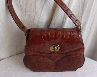 Vintage 1940s Purse Brown Embossed Leather Alligator Look Shoulder Bag As Is