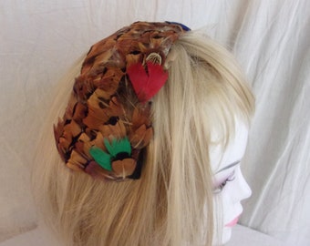 Vintage 1960s Hat Orange and Brown Feathers - Etsy display picture 1