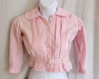 Vintage 1910s Young Girls Blouse Pink Cotton Flannel Button Down