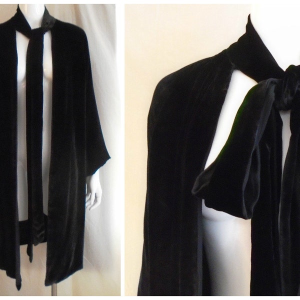 Vintage 1930's Silk Velvet Coat Black Evening Coat Large Size Attached Scarf