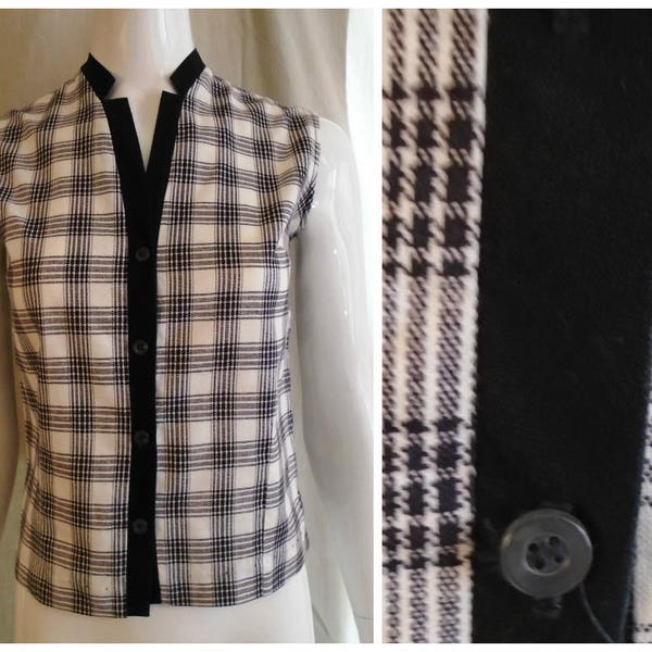 Vintage 1950s Cotton Blouse Cropped Black and White Plaid Rockabilly Small