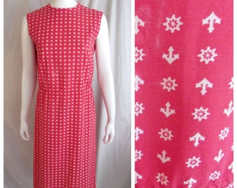 Vintage 1960s Dress Red with White Anchor Print Wiggle Dress Cotton Nautical Medium