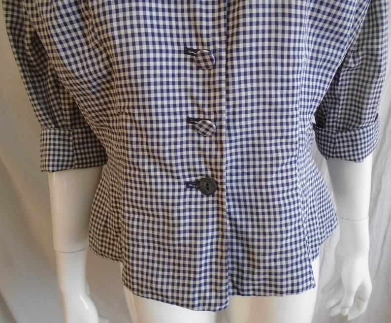Vintage 1950s Suit Jacket Blue and White Checked Print Fitted Peplum Jacket XL