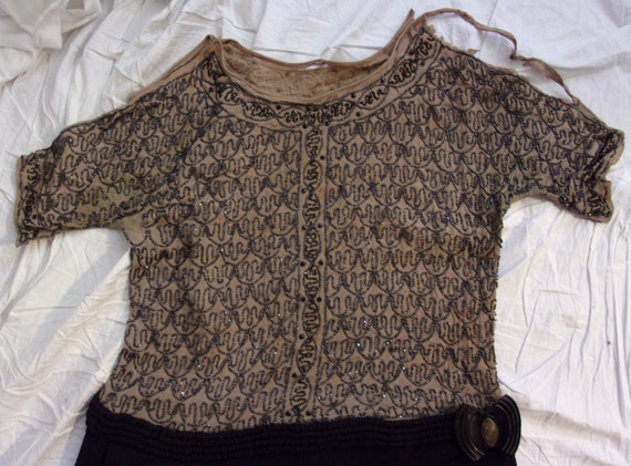 Vintage 1930s Dress Beaded Bodice Wool Skirt Art … - image 6