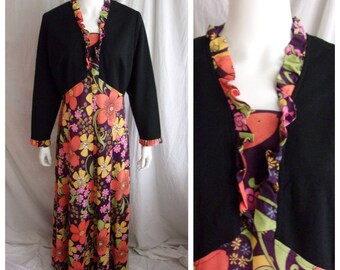 Vintage 1970s Dress Black/Multi Floral Maxi Dress Mod XL