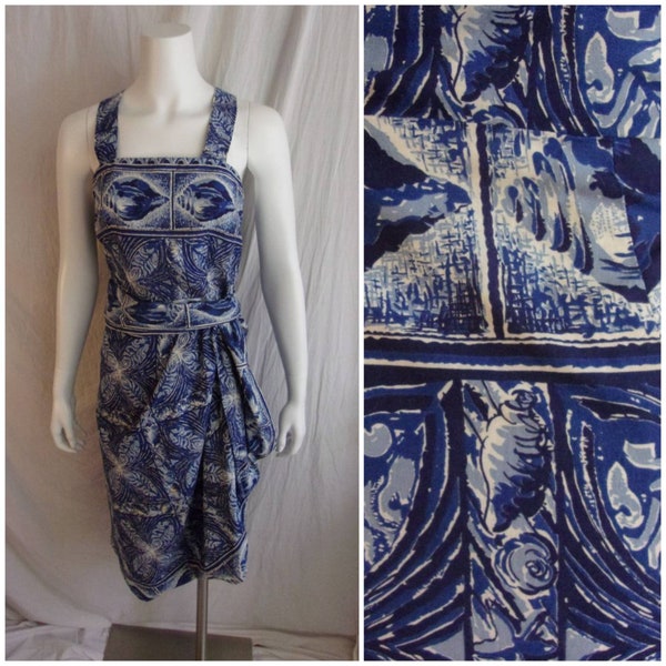 Vintage 1950s Sarong Dress Cotton Novelty Print Shells Sundress Metal Side Zipper XS AS IS