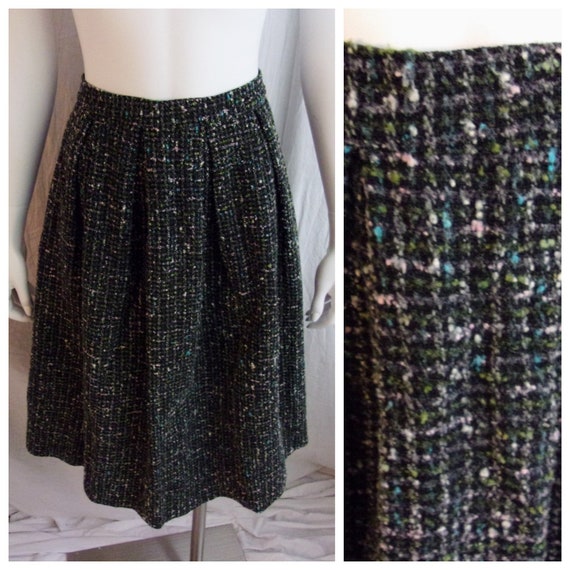 Vintage 1950s Skirt Atomic Fleck Wool Tweed Black… - image 1