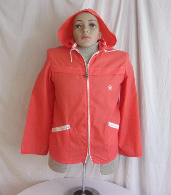 Vintage 1960s Windbreaker Nylon Zip Up Hoodie Melon Orange Mans Small Women’s Medium