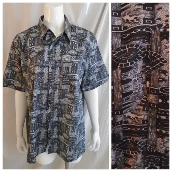 Vintage 1990s Mans Shirt Black and White Print Th… - image 1