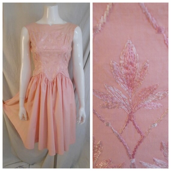 Vintage 1950s Dress Salmon Pink Full Skirt Summer… - image 1