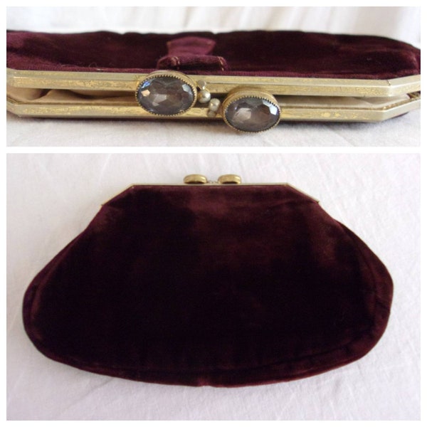 Vintage 1930s Purse Purple Velvet Clutch with Rhinestones on Frame