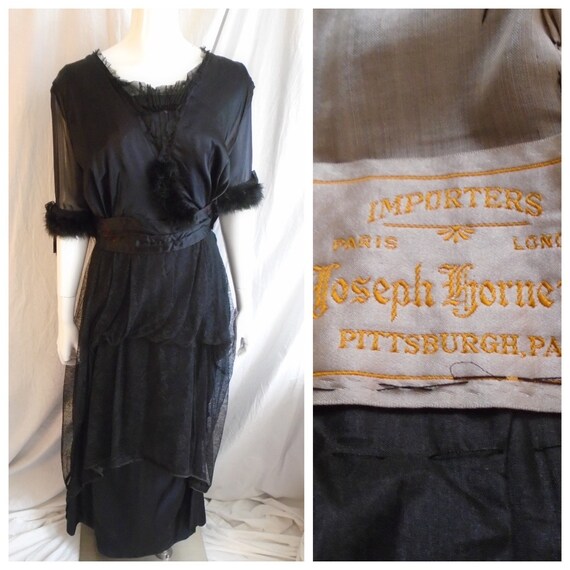 Vintage 1910s Black Silk Evening Dress with Label
