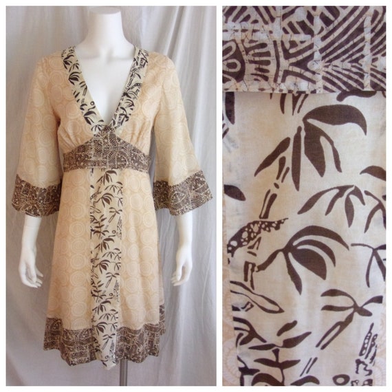 Vintage 1990s Dress Asian Inspired Print Belled S… - image 1