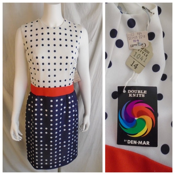 Vintage 1960s Dress Navy and White Polka Dot Wigg… - image 1