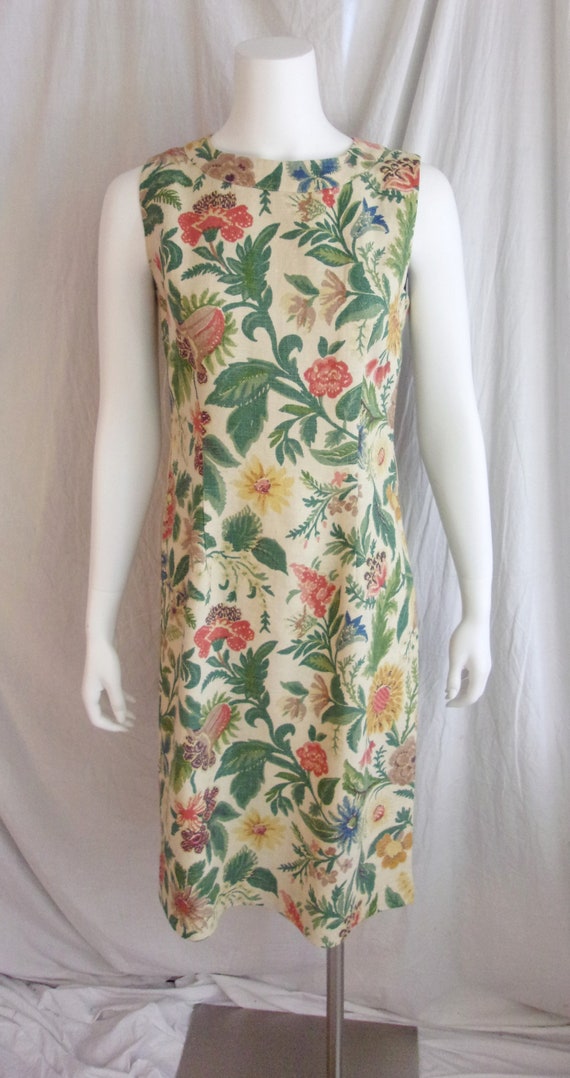 Vintage 1960s Dress Linen Floral Sheath Muted Sha… - image 8