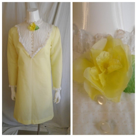 Vintage 1970s Mini Dress Yellow Swiss Dot Bib Fron