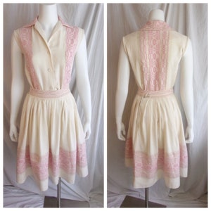 Vintage 1950 Dress Two Piece Patio Set Pink and White Rayon Full Skirt XS