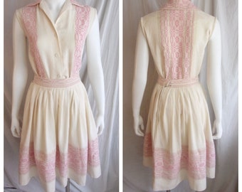 Vintage 1950 Dress Two Piece Patio Set Pink and White Rayon Full Skirt XS