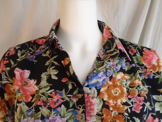 Vintage 1980s Cotton Print Blouse Fall Floral Bla… - image 5