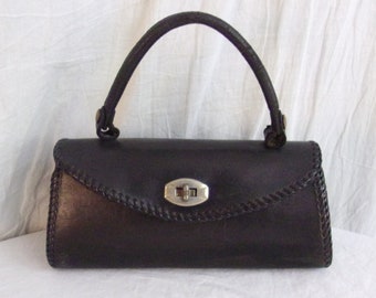 Vintage 1950s Purse Black Leather Top Handle with Whipstitching Western Rockabilly