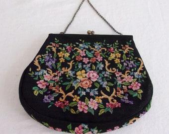 Vintage 1940s Purse Black/Rainbow Pettipoint Small Handbag Frame Bag