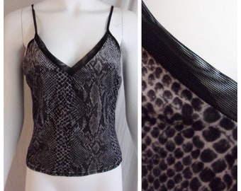 Vintage 1990s Tank Top Stretch Velvet Snakeskin Print Black and Grey S/M