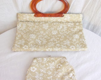 Vintage 1970s Purse Gold and White Floral Tote with Matching Cosmetic Case