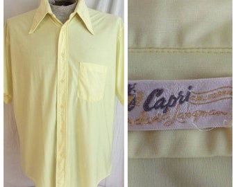 Vintage 1970s Mans Shirt Yellow Polyester Disco Button Down XL