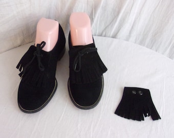 Vintage 1940s Shoes Black Suede Loafers Kilties Sport Shoes Size 6C