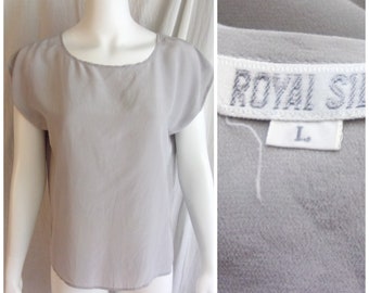 Vintage 1980s Blouse Grey Silk Pullover Royal Silk Large 40 Bust