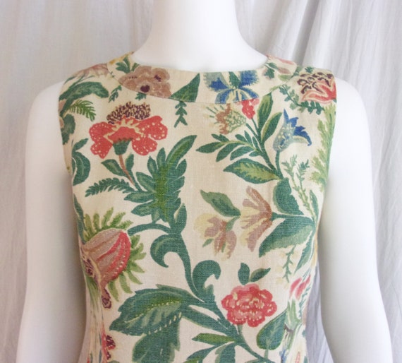 Vintage 1960s Dress Linen Floral Sheath Muted Sha… - image 7