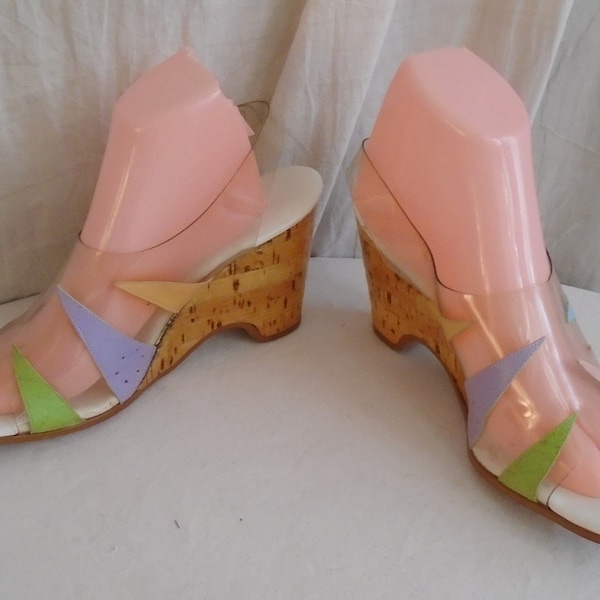 Vintage 1970s Shoes Clear Lucite Wedges Slingback Pastel Trim Cork Soles