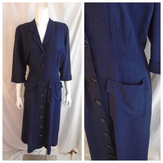 Vintage 1940s Dress Blue Rayon Day Dress Large Poc