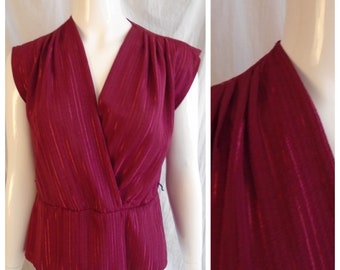 Vintage 1970s Blouse Burgundy Shiny Stripe Pullover Cap Sleeve Disco Top S/M