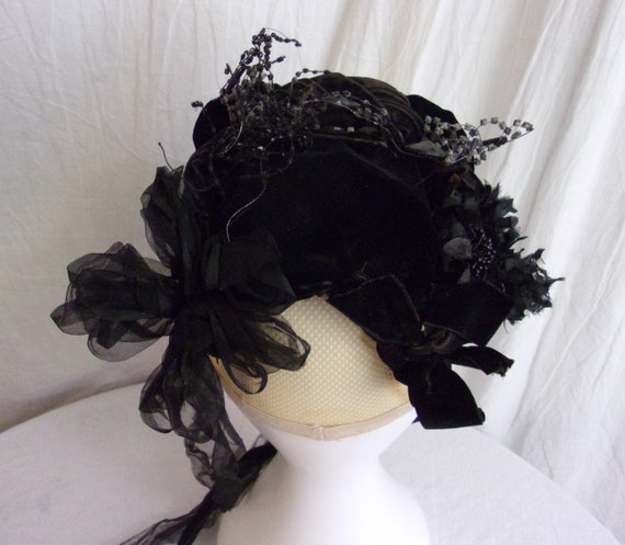 Vintage 1880s Bonnet Antique Victorian Hat Velvet… - image 3