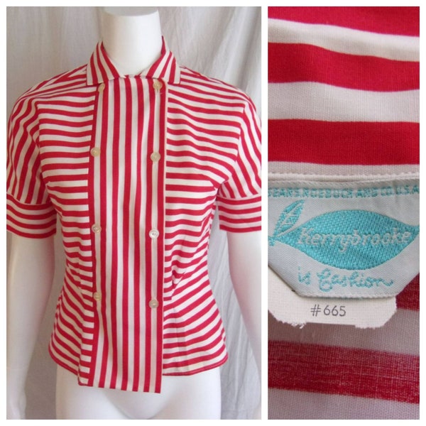 Vintage 1950s Blouse Red and White Striped Fitted Blouse Button Down Medium