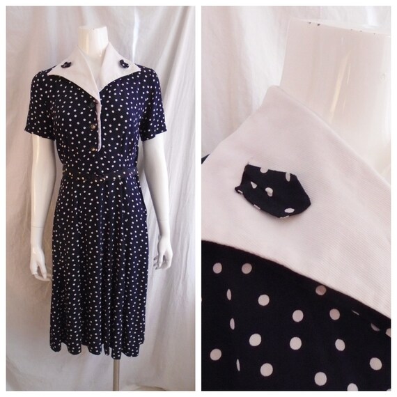 Vintage 1950s Dress Navy and White Polka Dot Day D
