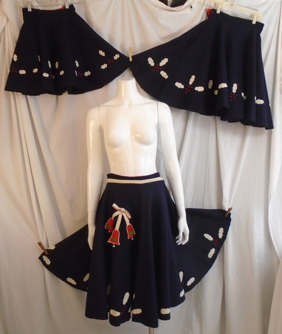 Vintage 1950s Circle Skirt Blue Felt with Holly an