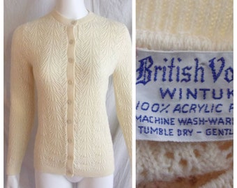 Vintage 1960s Sweater Cream Acrylic Cardigan Fancy Weave S/M