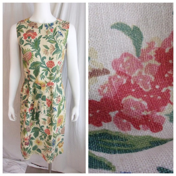 Vintage 1960s Dress Linen Floral Sheath Muted Sha… - image 1