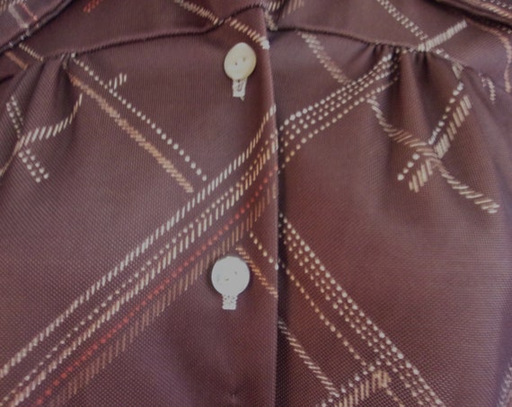 Vintage 1970s Blouse Brown Polyester Print Smock … - image 2