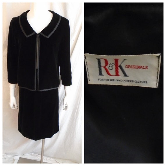 Vintage 1960s Suit Black Velvet Womans Skirt Suit