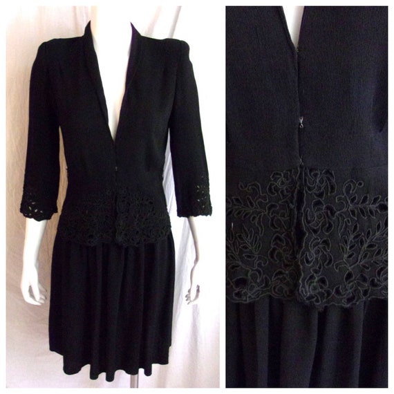 Vintage 1940s Dress Black Rayon Crepe with Eyelet… - image 1