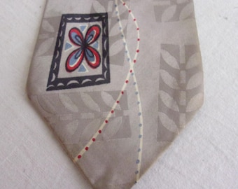 Vintage 1940s Necktie Geometric Print Silver Black Red Jacquard