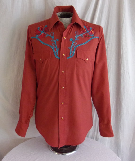 Vintage 1970s Cowboy Shirt Red Western Embroidere… - image 6