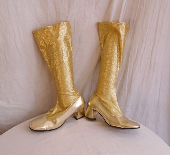 Vintage 1960s Boots Tall Gold Glitter Go-Go Boots
