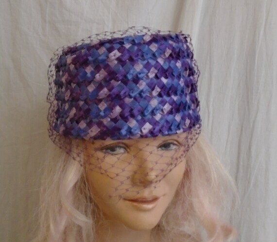Vintage 1960s Hat Blue and Purple Woven Cellophane