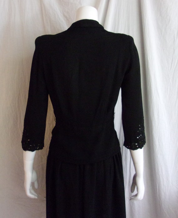 Vintage 1940s Dress Black Rayon Crepe with Eyelet… - image 2