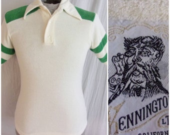 Vintage 1970s Mans Shirt Terrycloth Polo Shirt Kennington White and Green Small